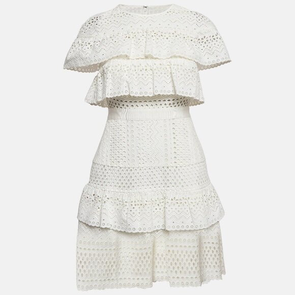Self Portrait White Cotton Floral Broderie Ruffled Mini Dress | $475 | UK8/US4 - Picture 6 of 6